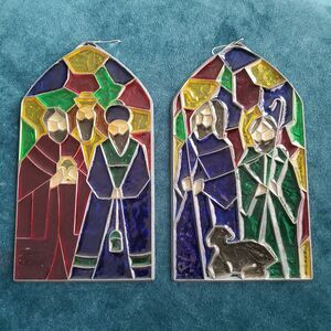 Lot Of 2 Stain Glass Sun Catchers Wise Men Shepards Nativity Scene Christmas